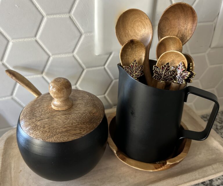 fall decor - wooden spoons, coffee creamer and sugar bowl set