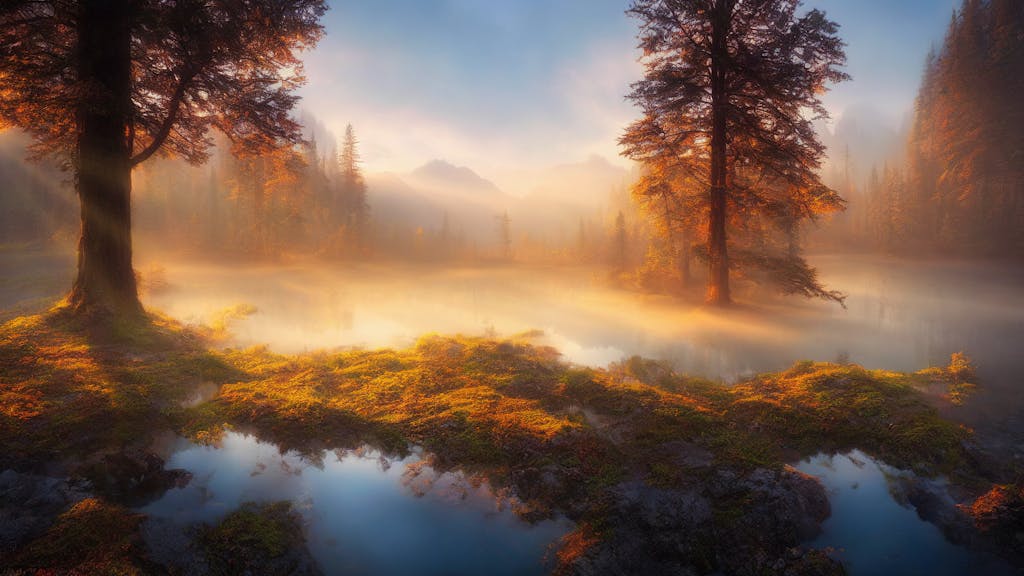 A mesmerizing autumn sunrise casting warm light over a misty forest lake, creating a serene and colorful landscape.