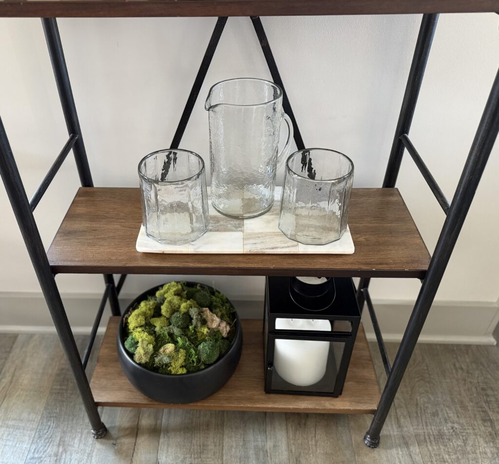 shelf styling with hammered glass