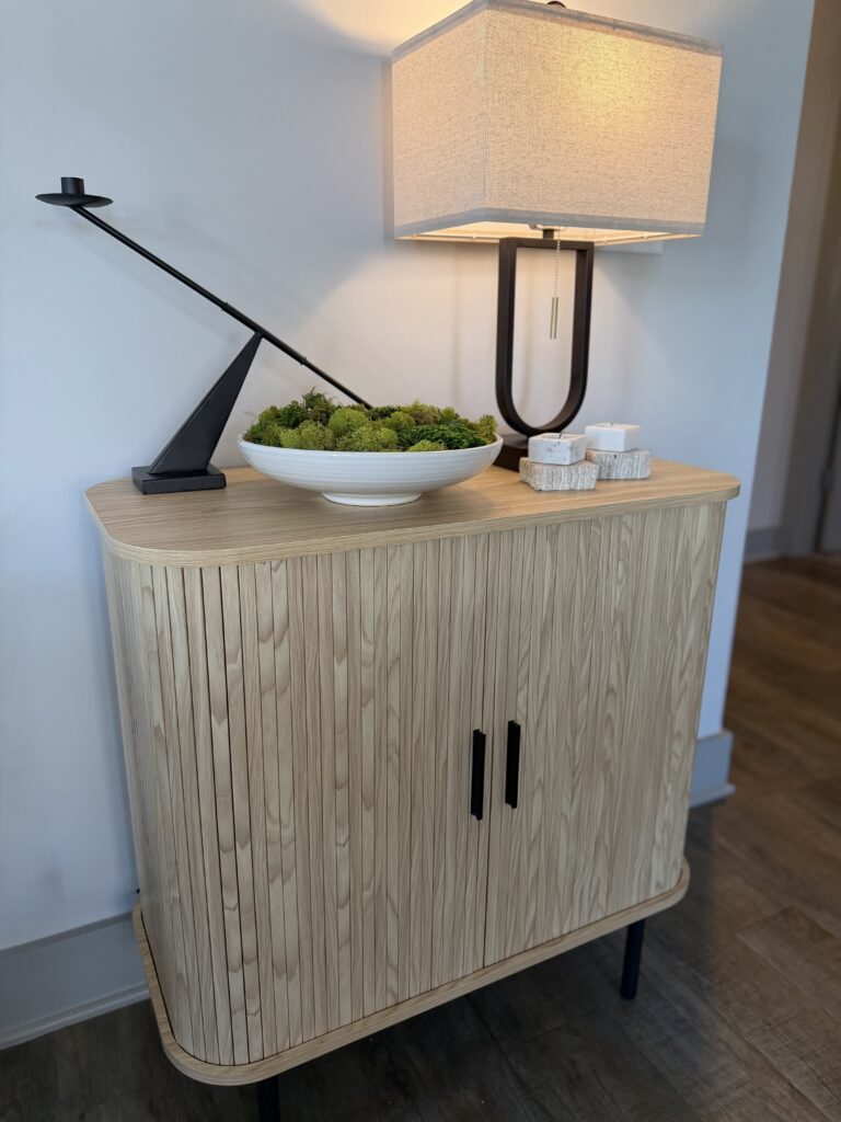 cabinet with lamp and moss bowl