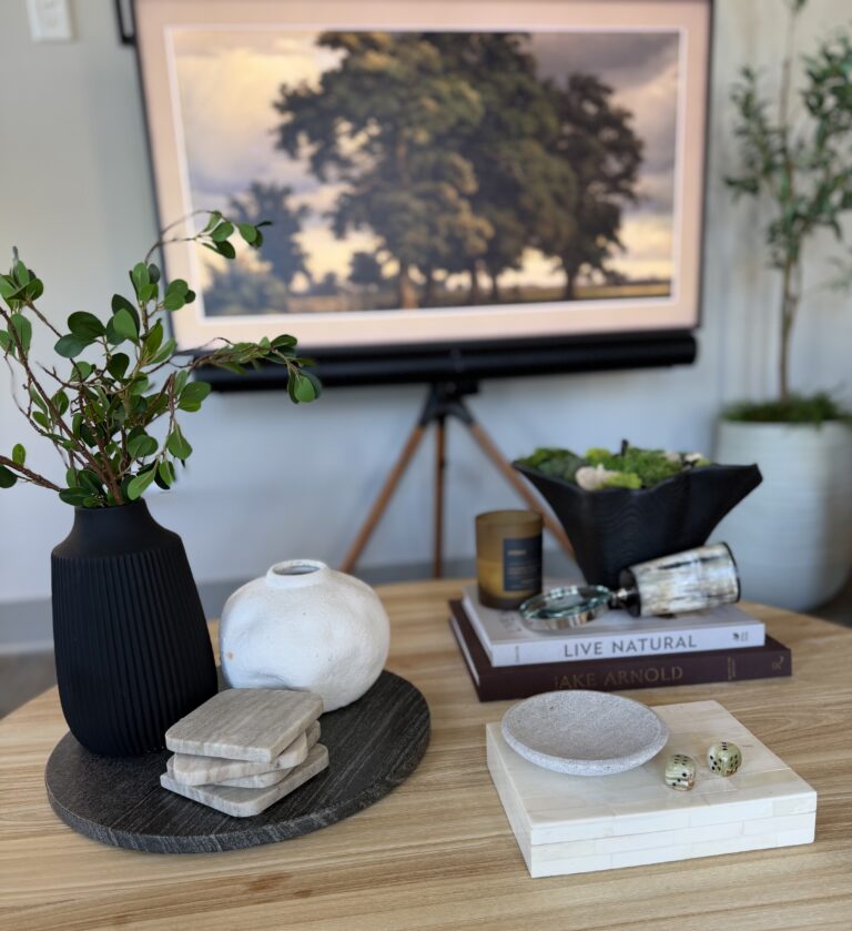 coffee table styled with green and black